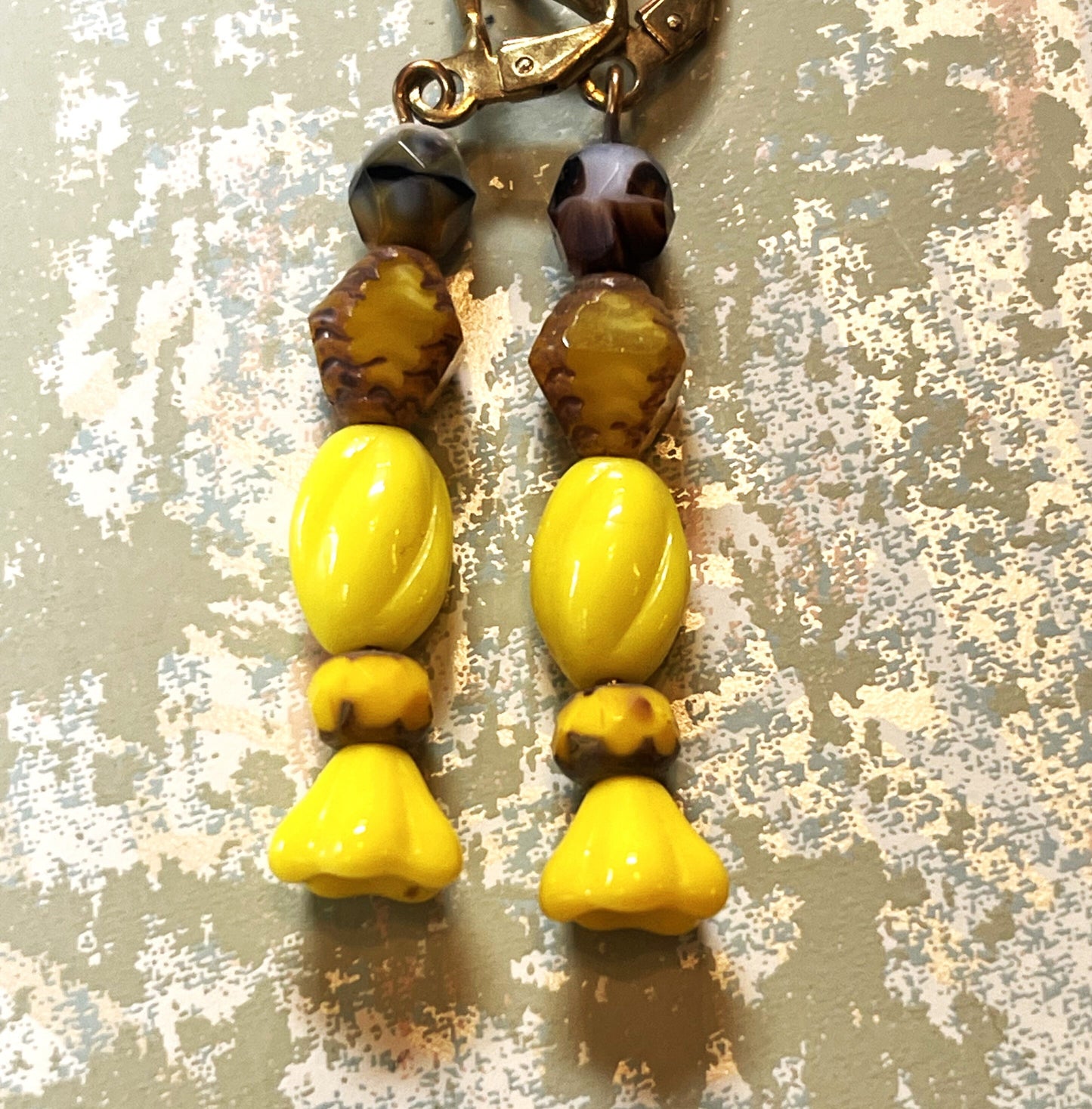 Vintage Twisted Yellow Beads with Newer Czech Glass with Etched Beads. Lever Back Ear Wire