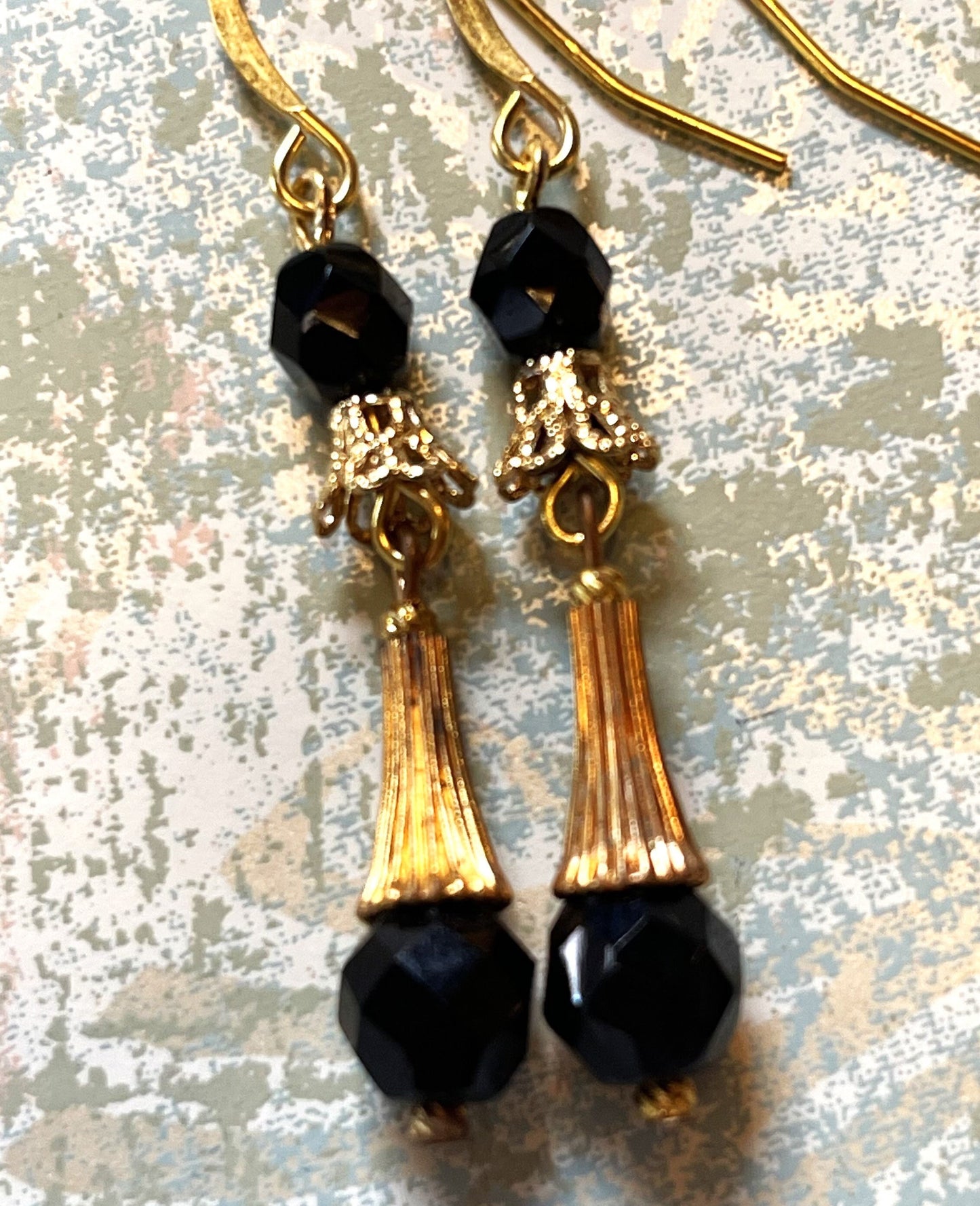 Vintage Earrings, Black Czech Glass with Gold Metal. Hypoallergenic French Earring Hooks, Gold Plated Wire.