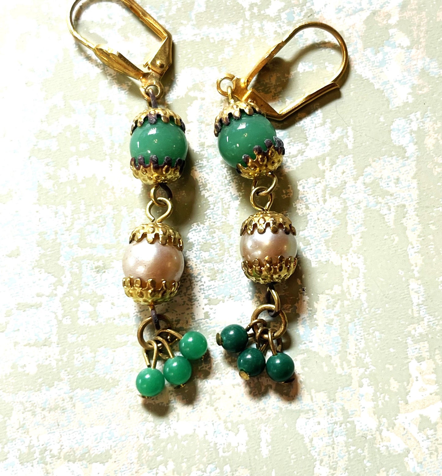 Vintage Glass Jade Earrings, with Glass Pearls. Hypoallergenic French Earring Hooks, Gold Plated Wire.