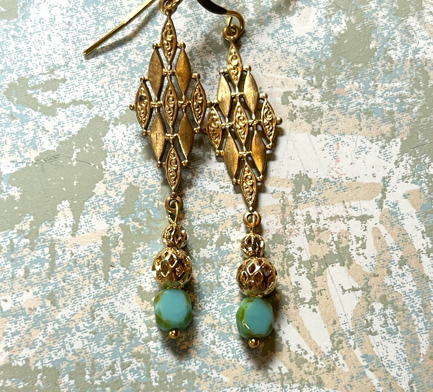 Turquoise Czech Glass Beads with Vintage Gold Metal. Earrings. Hypoallergenic French Earring Hooks, Gold Plated Wire.