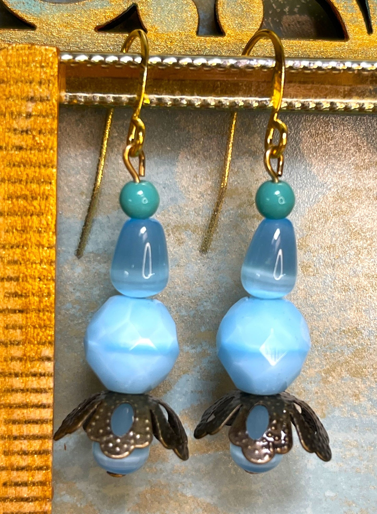 Shades of Blue with Green Glass beads with Metal Flowers Earrings. Hypoallergenic French Earring Hooks, Gold Plated Wire.
