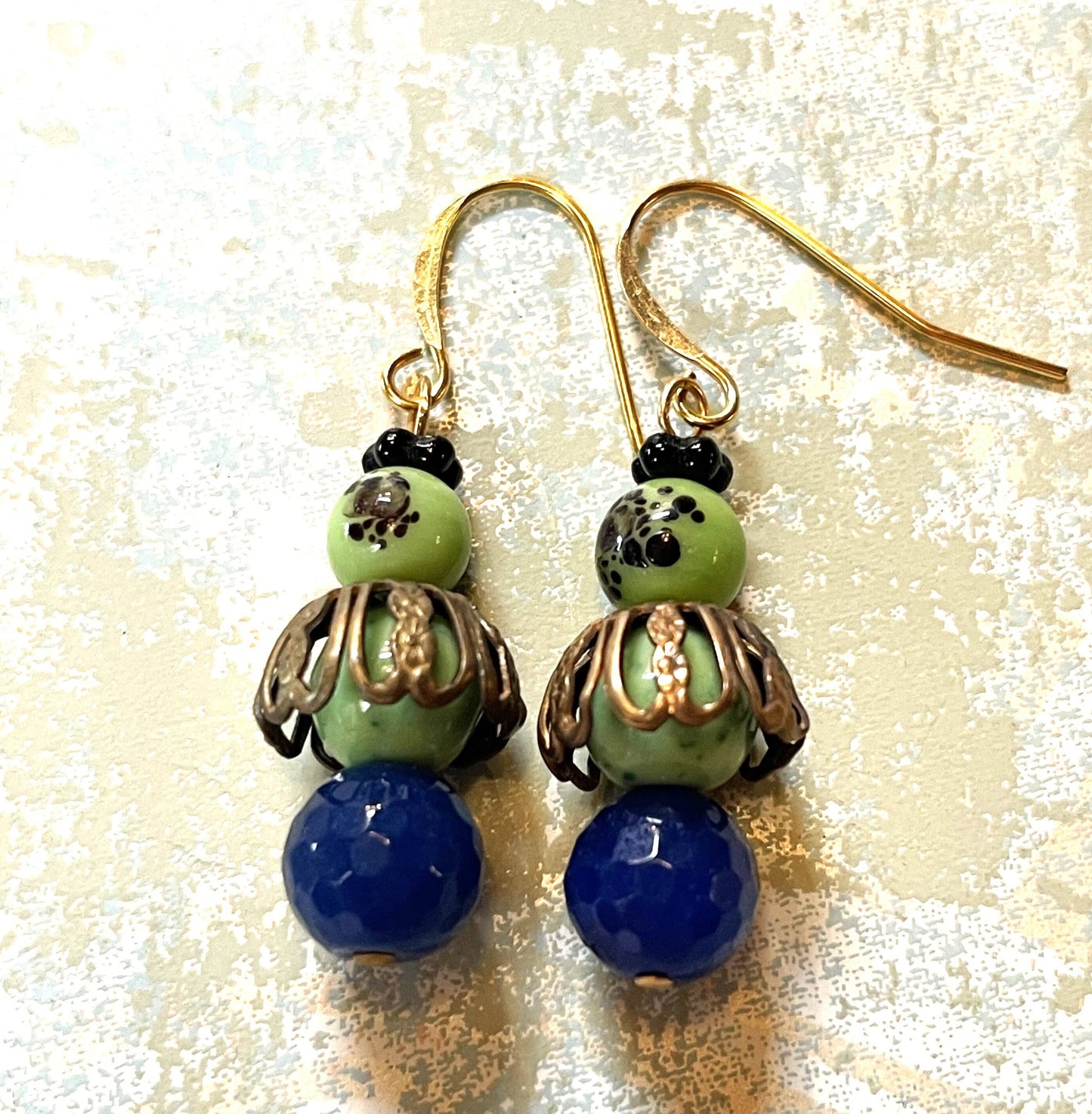 Vintage Blue Faceted Glass Beads with Green Japanese Millefiori Glass Bead Earrings. Hypoallergenic French Earring Hooks, Gold Plated Wire.