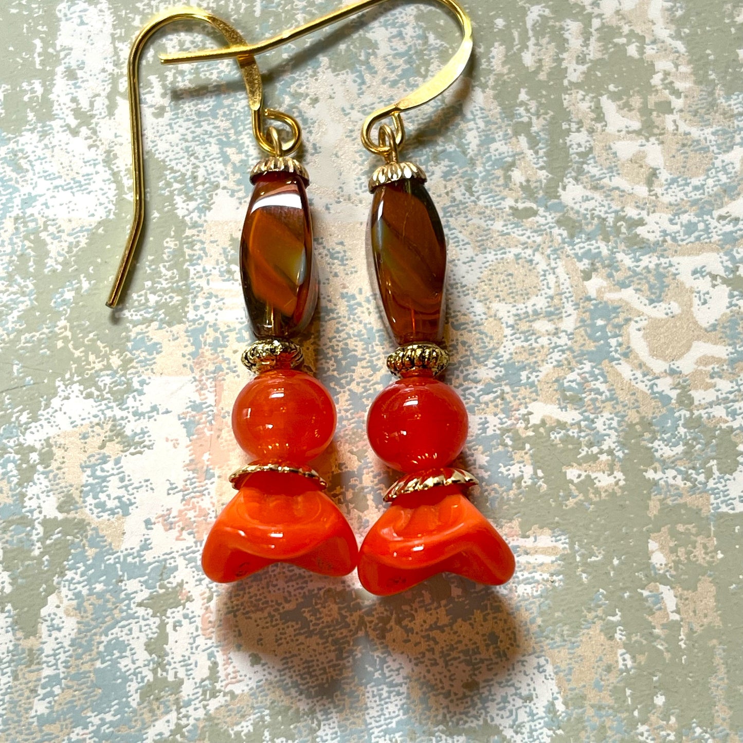 Orange Glass Flower Earrings with Gold Metal. Hypoallergenic French Earring Hooks, Gold Plated Wire.