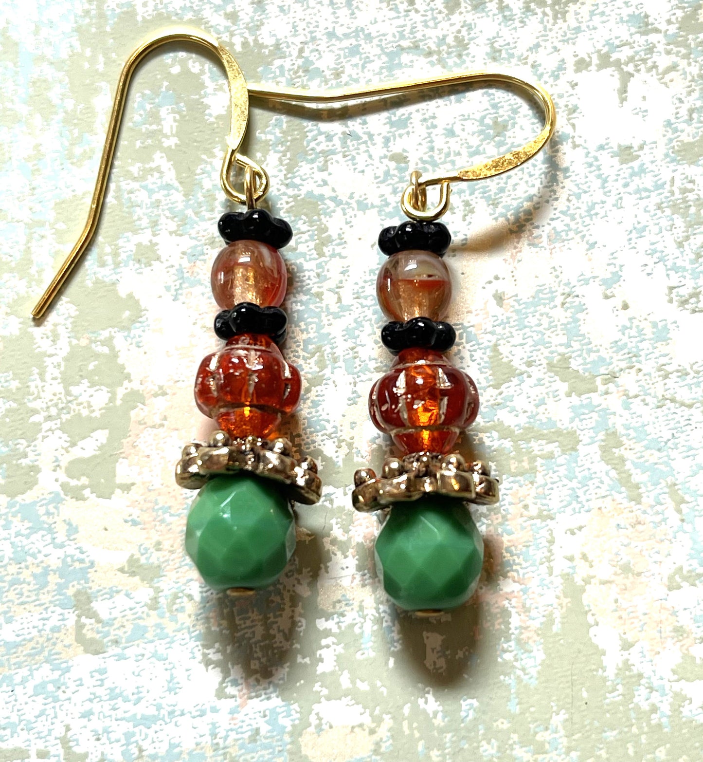 Vintage Orange and Green beads, With Black Czech Glass and Gold Metal Earrings. Hypoallergenic French Earring Hooks, Gold Plated Wire.