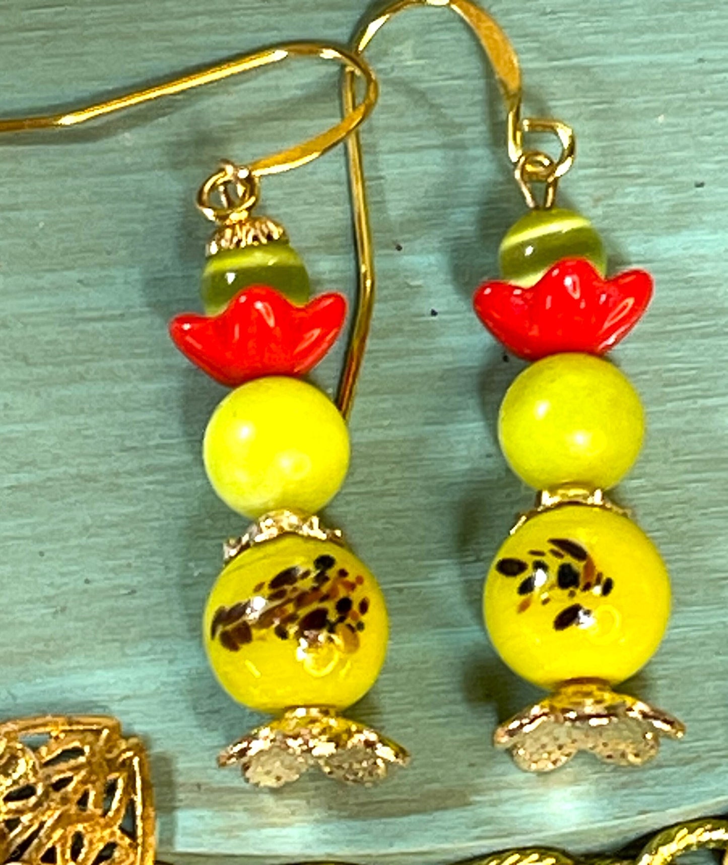Yellow Japanese Millefiori Glass Bead Earrings with Green glass and Red Flowers. Hypoallergenic French Earring Hooks, Gold Plated Wire.