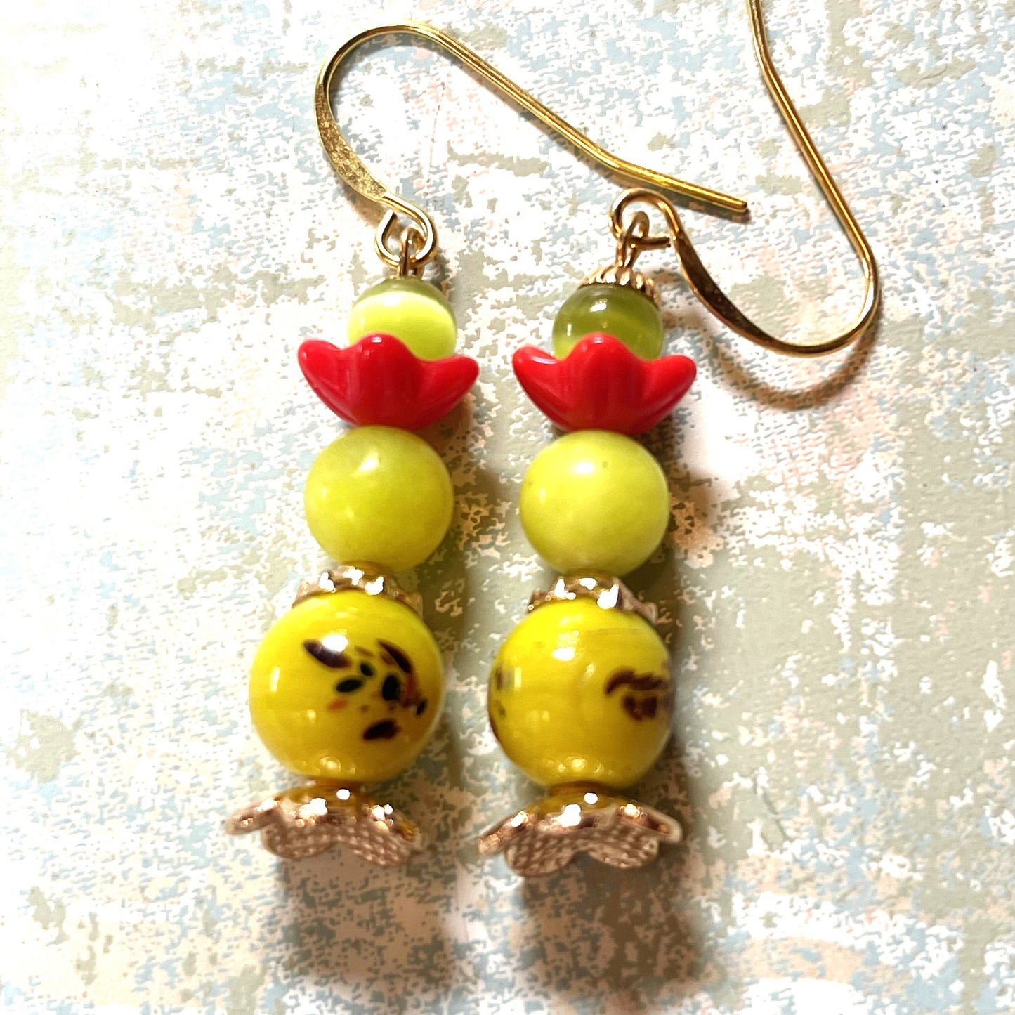 Yellow Japanese Millefiori Glass Bead Earrings with Green glass and Red Flowers. Hypoallergenic French Earring Hooks, Gold Plated Wire.