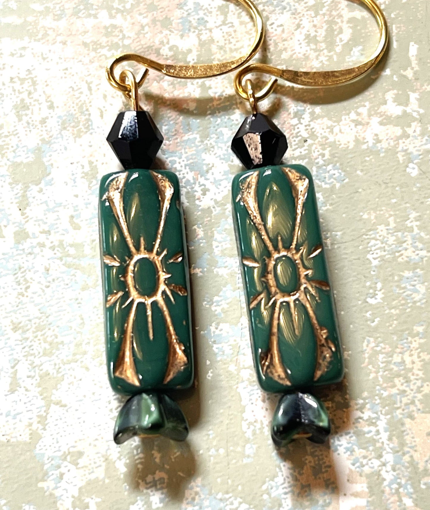 Vintage Hunter Green and Gold Eched Czech Glass Earrings. Hypoallergenic French Earring Hooks, Gold Plated Wire.