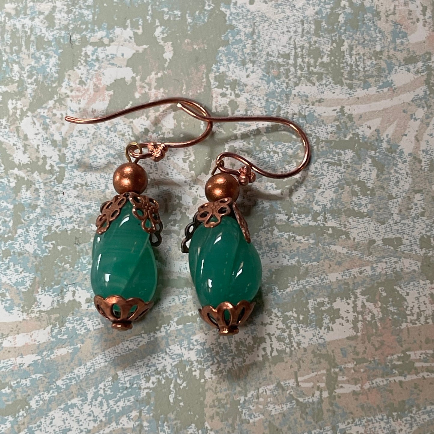 Vintage Jade Green Glass Earrings with Copper Metal. Copper Plate Plated Wire.