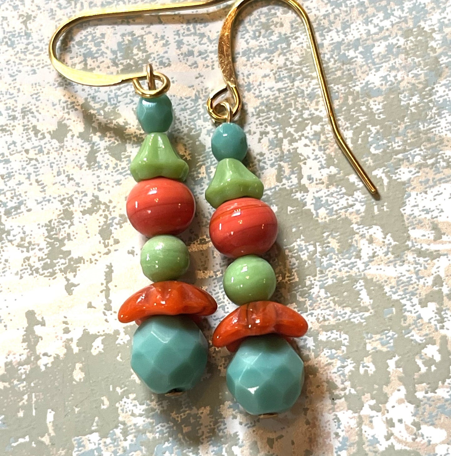 Vintage Glass Bead Earrings, Green, Blue, and Orange Vintage Glass. Hypoallergenic French Earring Hooks, Gold Plated Wire.