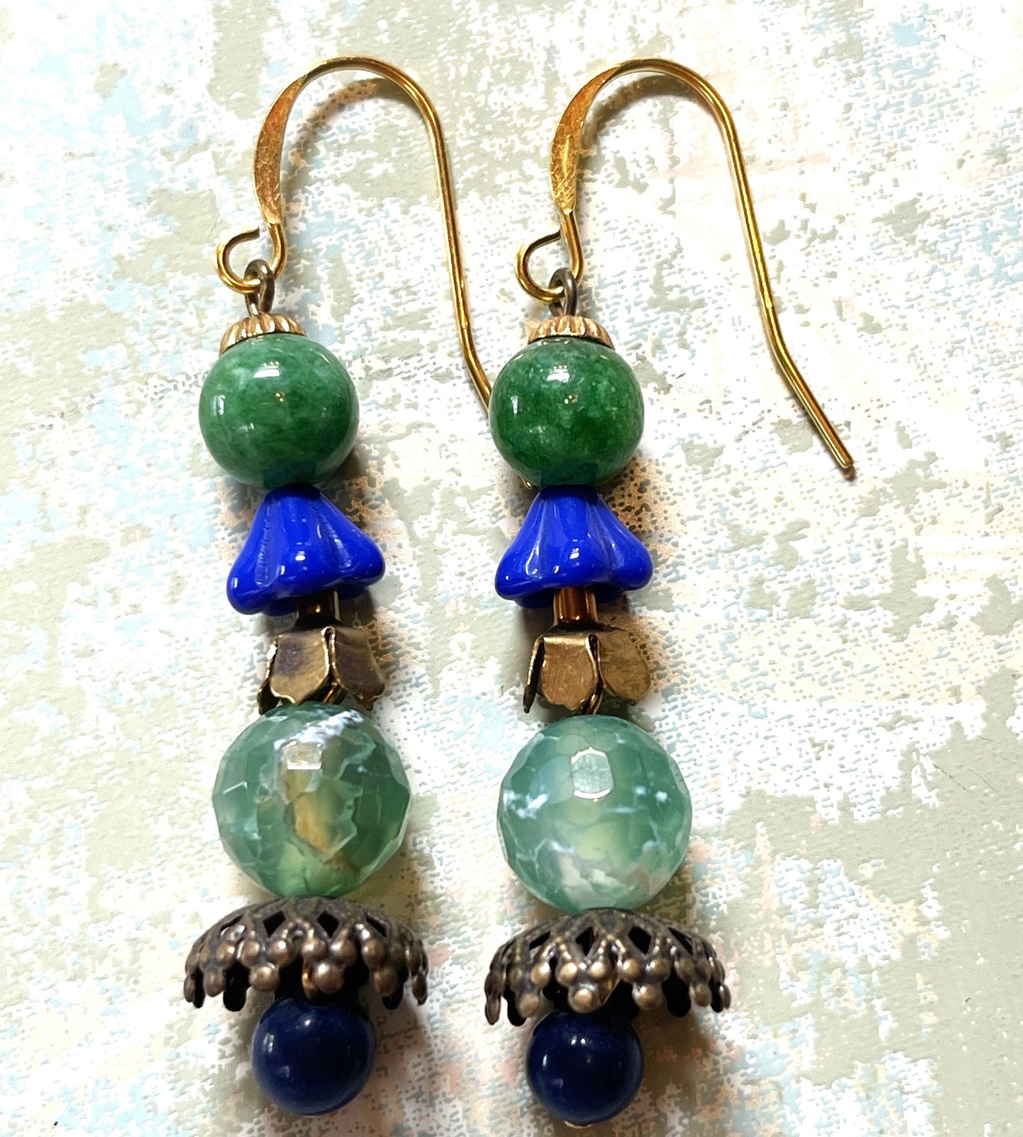 Glass Bohemian Earrings, Green Agate Beads, Green Vintage Beads, and Vintage Brass. Hypoallergenic French Earring Hooks, Gold Plated Wire.