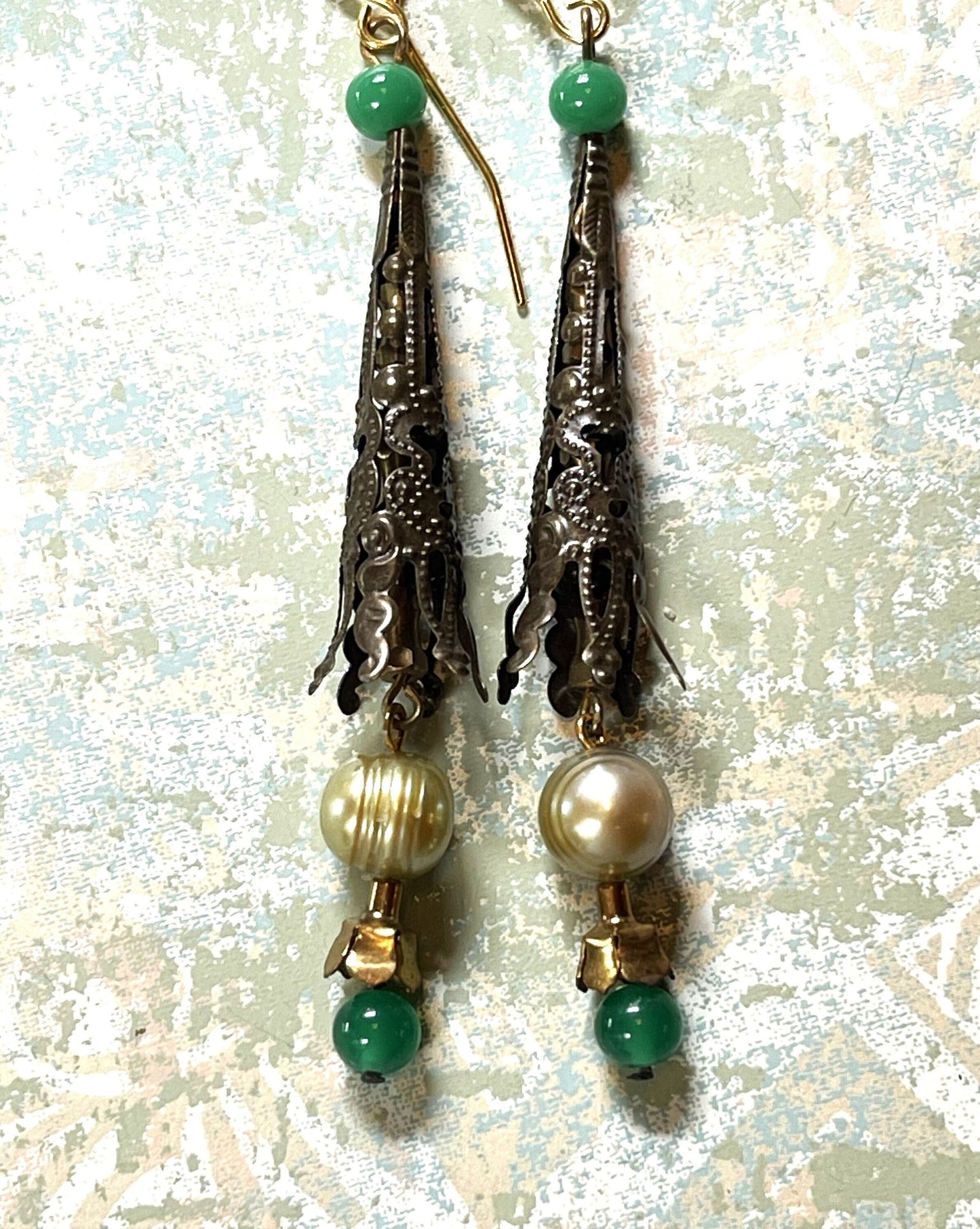 Vintage Glass Bead Earrings, Vintage Green Glass, Glass Pearls, and Dark Metal. Hypoallergenic French Earring Hooks, Gold Plated Wire..