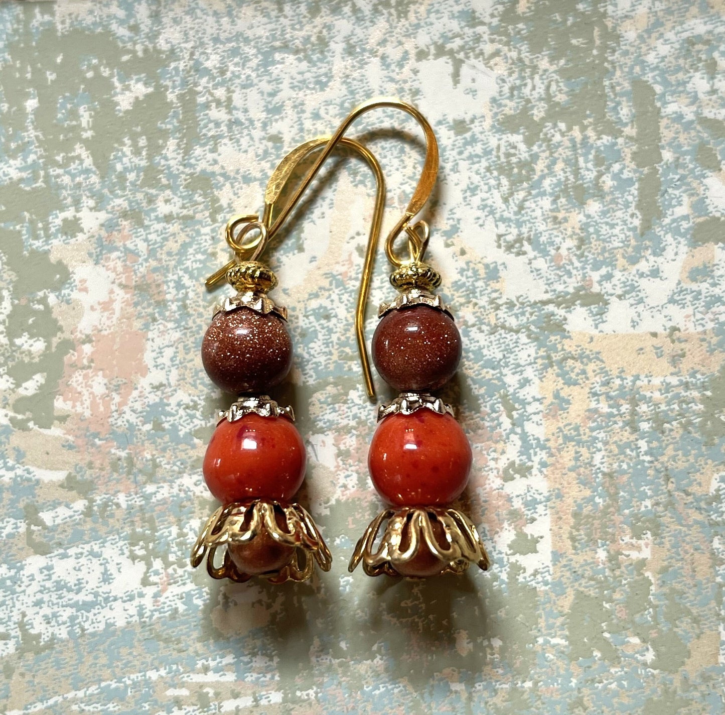 Vintage Glass Bead Earrings, Gold-Stone with Orange vintage Glass and Gold Metal. Hypoallergenic French Earring Hooks, Gold Plated Wire.