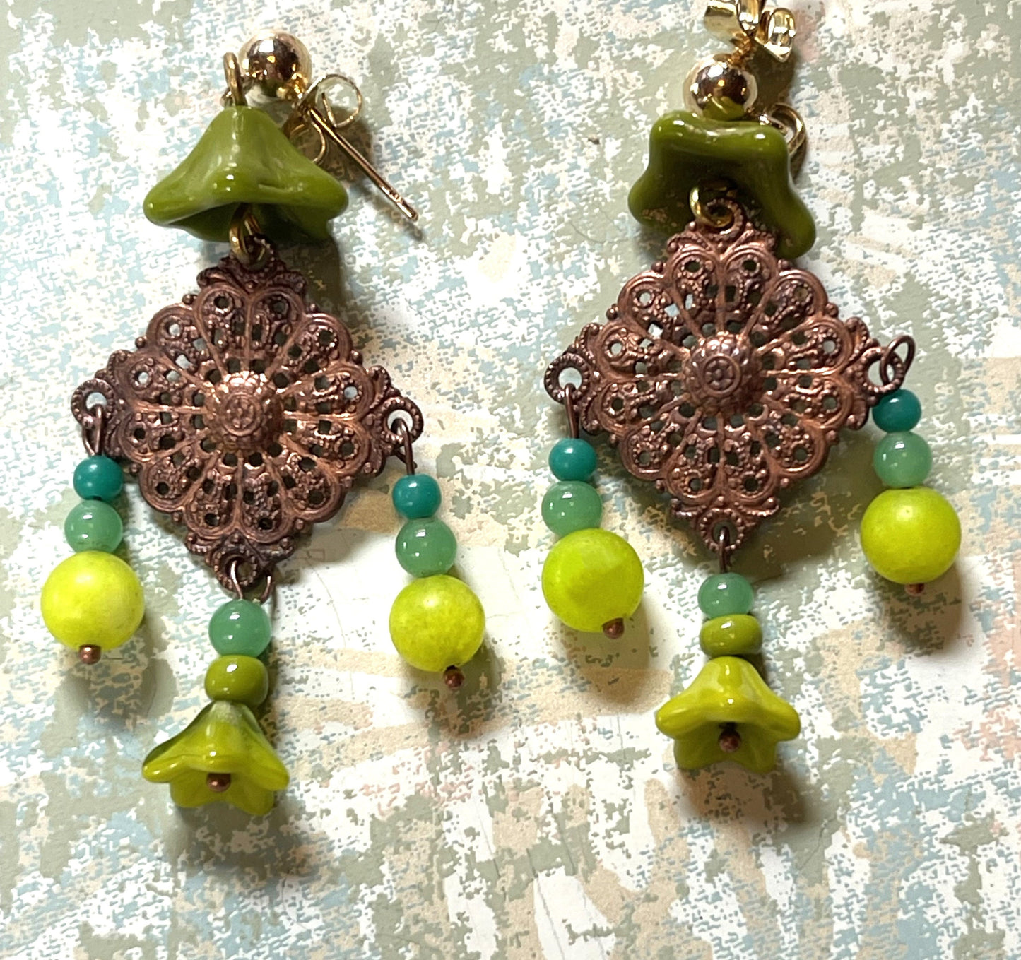 Vintage Glass Bead Earrings, Green Glass with Copper Plated Brass. Hypoallergenic Posts, Gold Plated Brass.