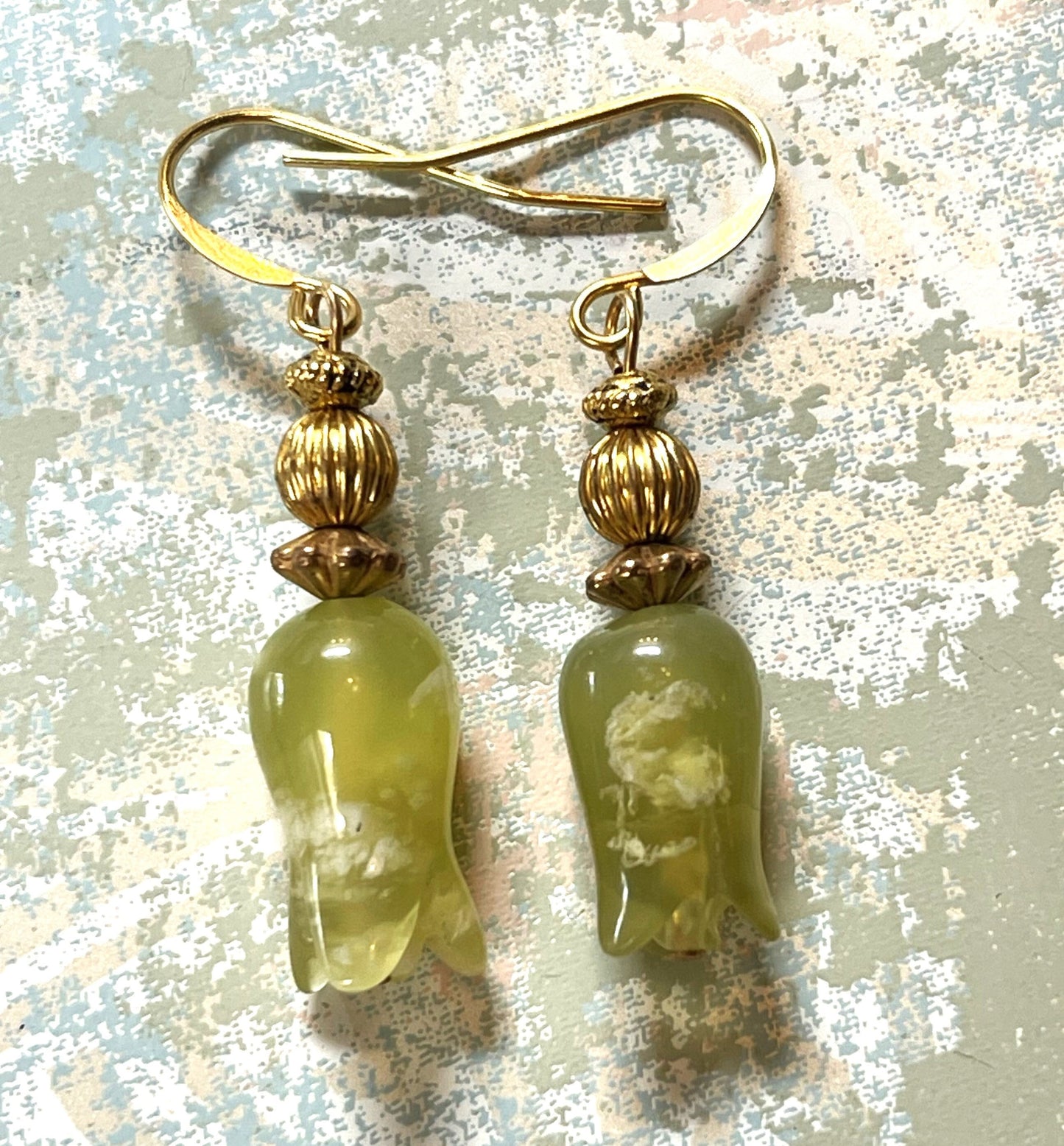 Glass Bohemian Earrings, Green Jade Glass with gold metal. Hypoallergenic French Earring Hooks, Gold Plated Wire..