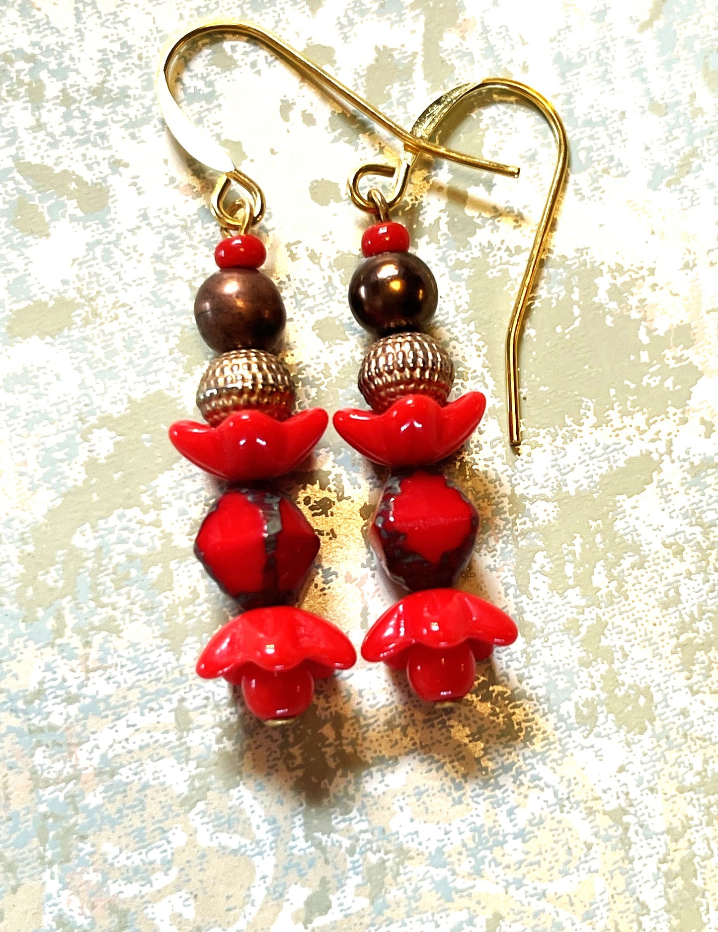 Vintage Red Flowers with gold brass spacer beads. Hypoallergenic French Earring Hooks, Gold Plated Wire..