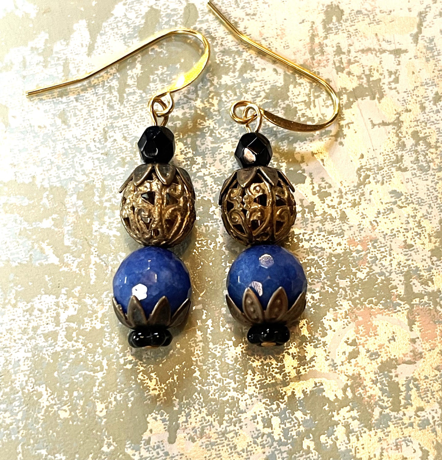 Vintage Glass Bead Earrings, Vintage Blue Glass, and Brass. Hypoallergenic French Earring Hooks, Gold Plated Wire.