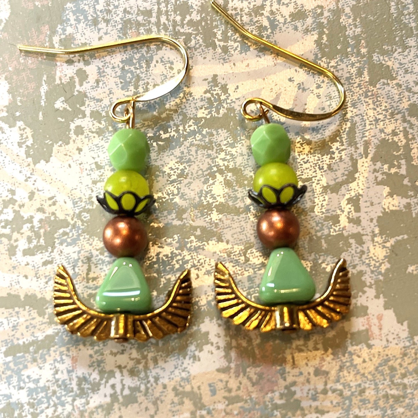 Glass Bohemian Earrings, Green Egyptian Style. Hypoallergenic French Earring Hooks, Gold Plated Wire..