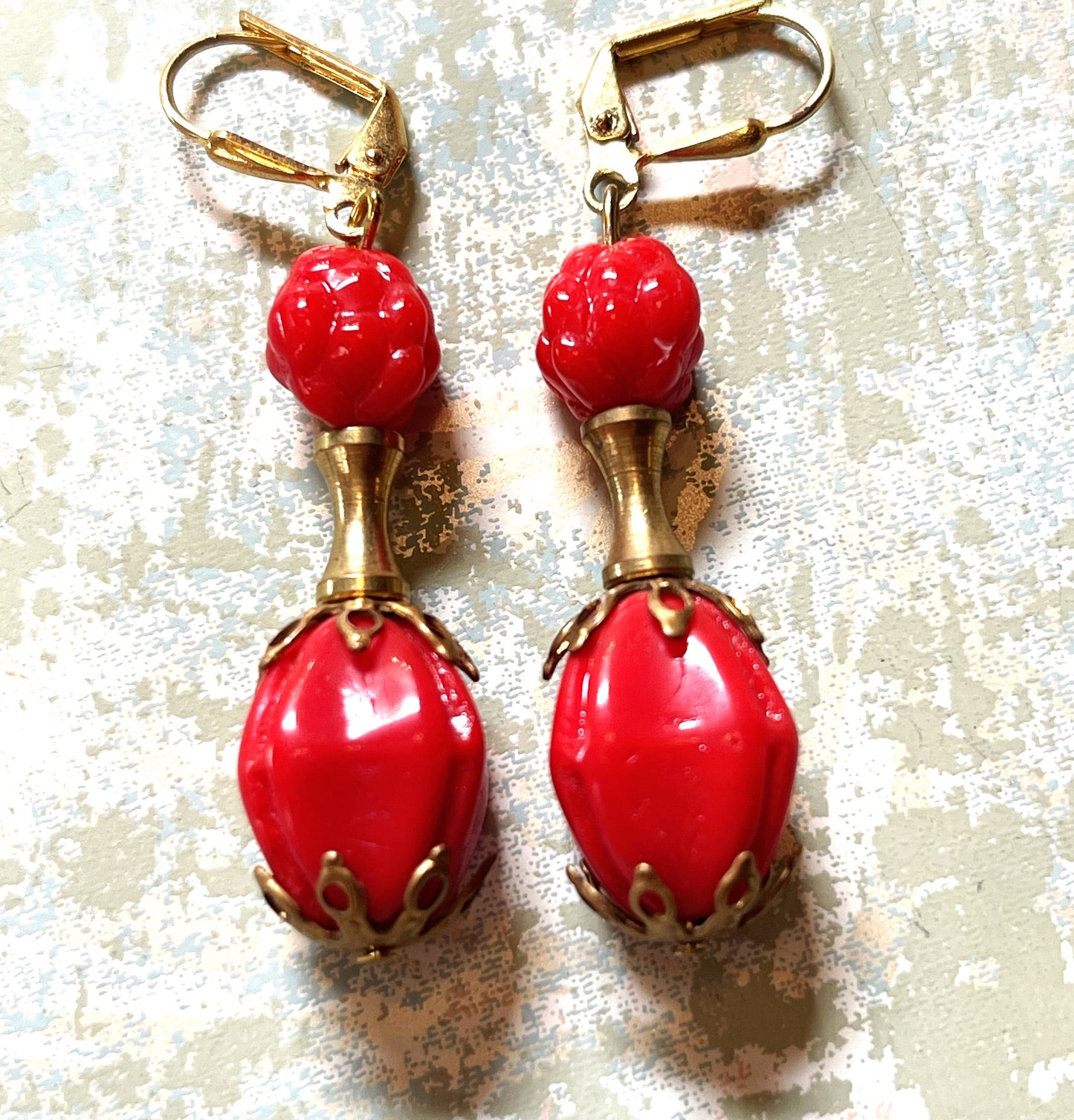 Vintage Glass Bead Earrings, Red Vintage Glass with Brass. Hypoallergenic Earring Hooks Gold Plated Brass.