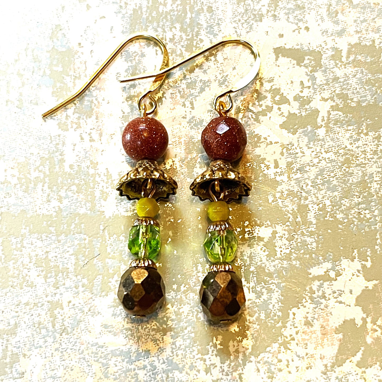 Vintage Earrings, Natural Goldstone, and Brass. Hypoallergenic French Earring Hooks, Gold Plated Wire