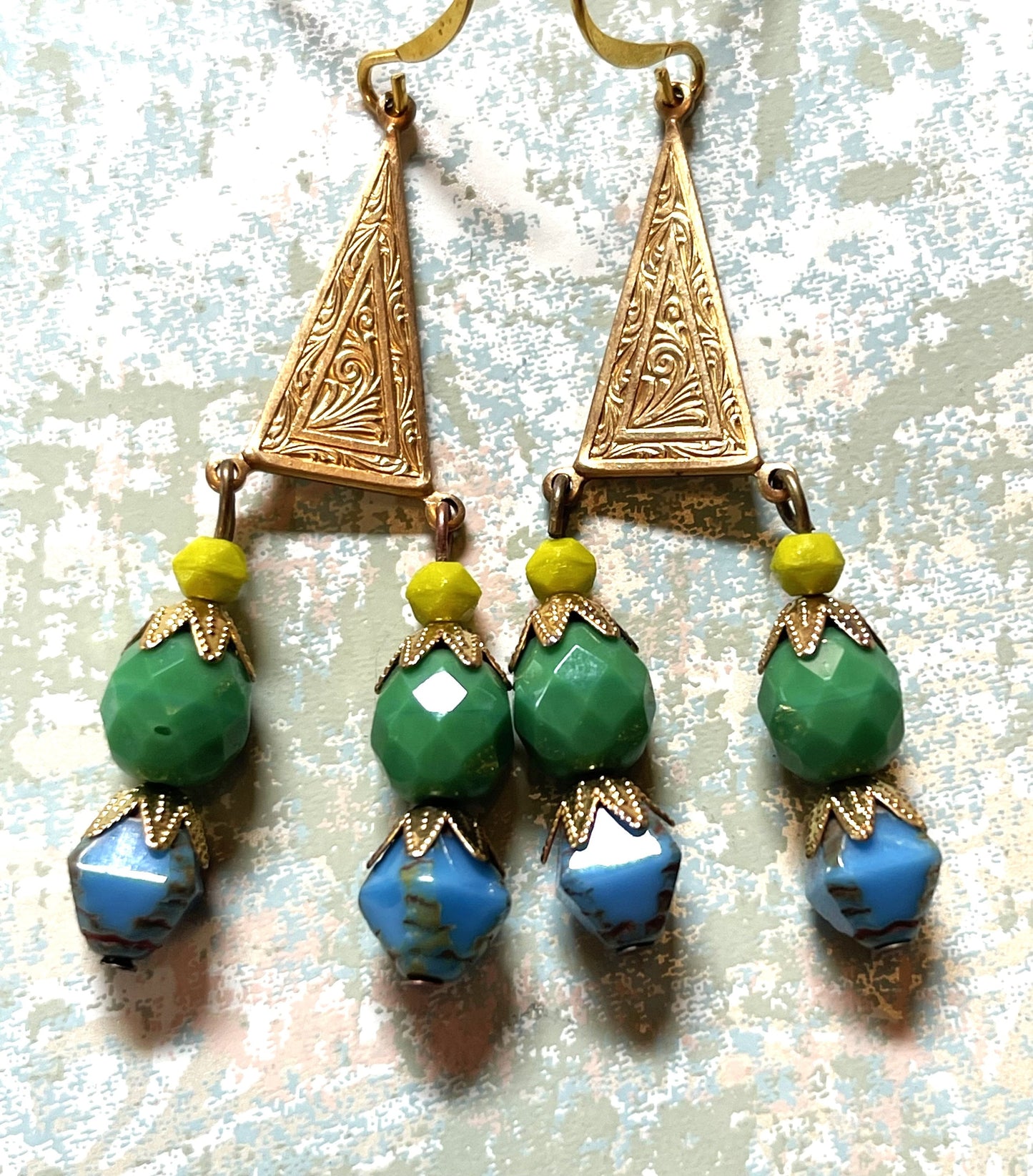Green Blue Czech Glass, and Brass Earrings. Hypoallergenic French Earring Hooks, Gold Plated Wire