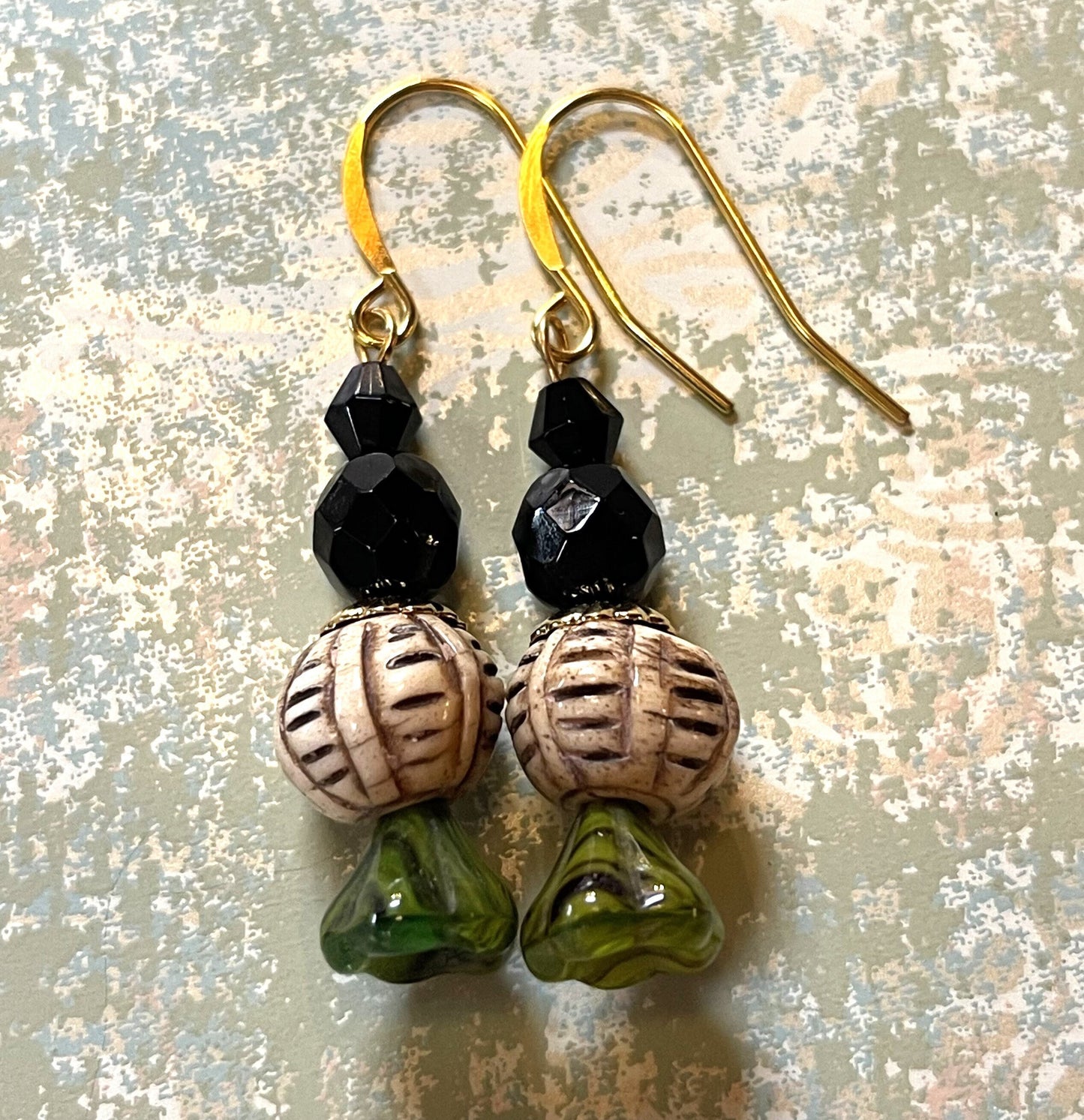 Vintage bone, Black and Green Czech Glass with Etched Beads. Hypoallergenic French Earring Hooks, Gold Plated Wire