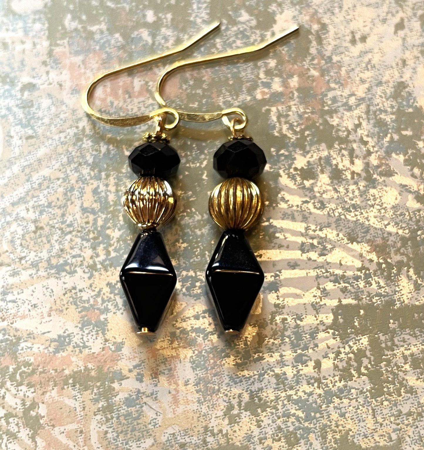 Vintage Glass Bead Earrings, Black and Gold Metal. Hypoallergenic French Earring Hooks, Gold Plated Wire.