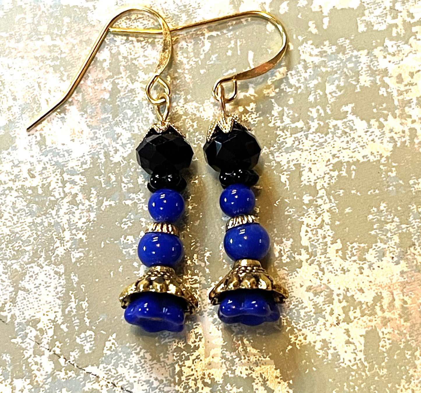 Glass Bohemian Earrings, Black Vintage Beads with Blue Glass. Hypoallergenic French Earring Hooks, Gold Plated Wire.