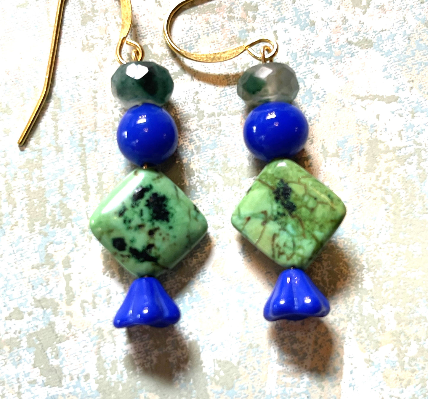 Vintage Earrings, Blue and Green stone. Czech Glass. Hypoallergenic French Earring Hooks, Gold Plated Wire