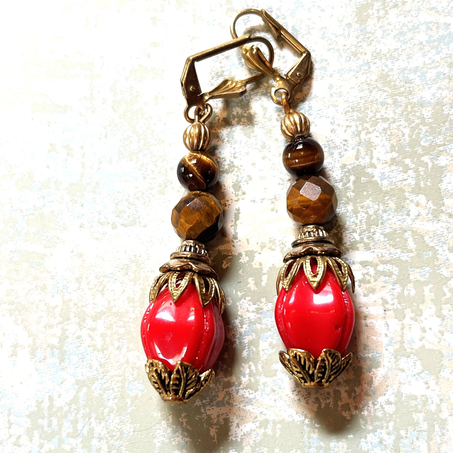 Red with bronze Czech Glass Earrings with exceptional Brass Bead Caps,Hypoallergenic French Earring Hooks, Gold Plated Wire