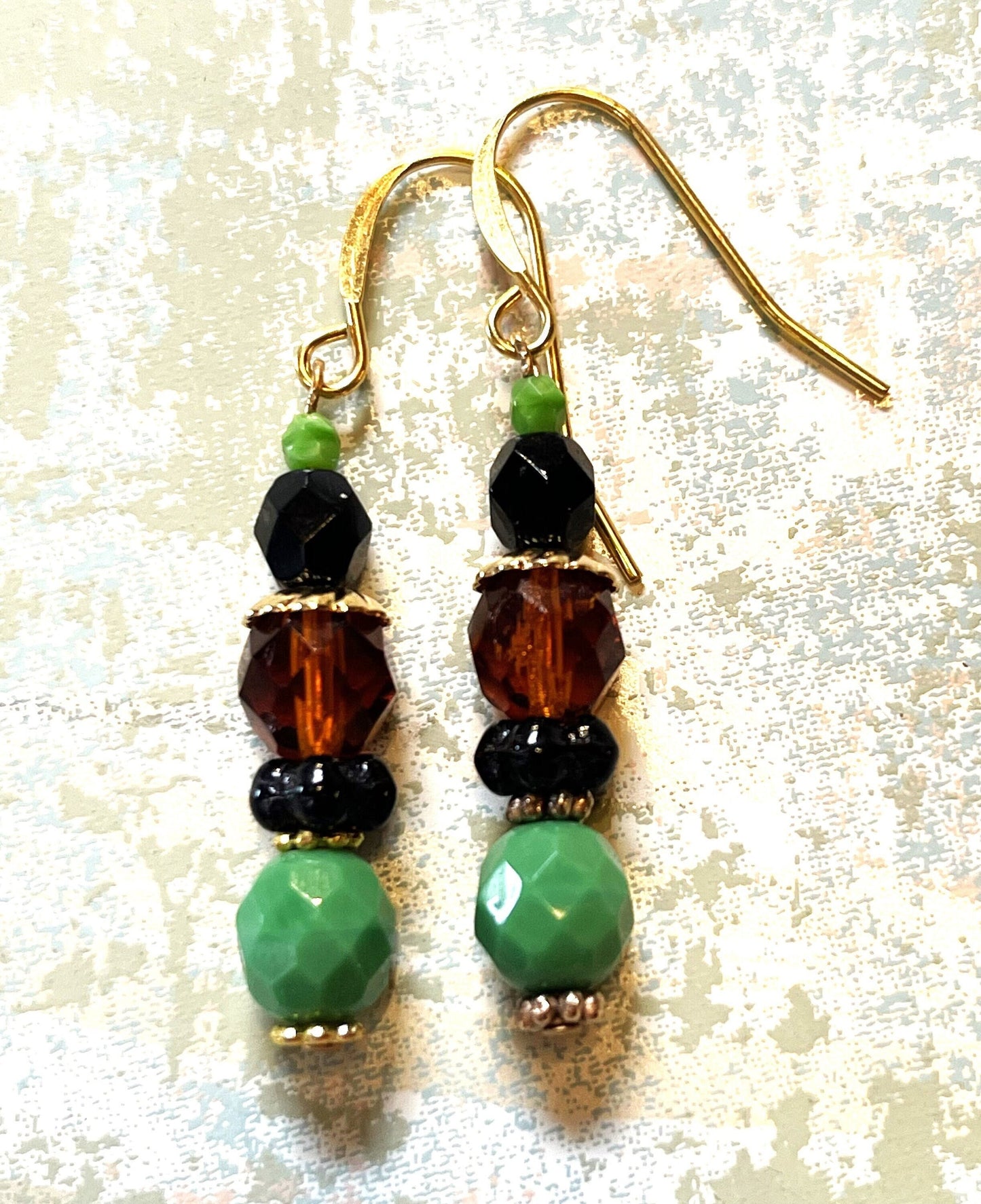 Black Amber and Green Czech Glass. Hypoallergenic French Earring Hooks, Gold Plated Wire