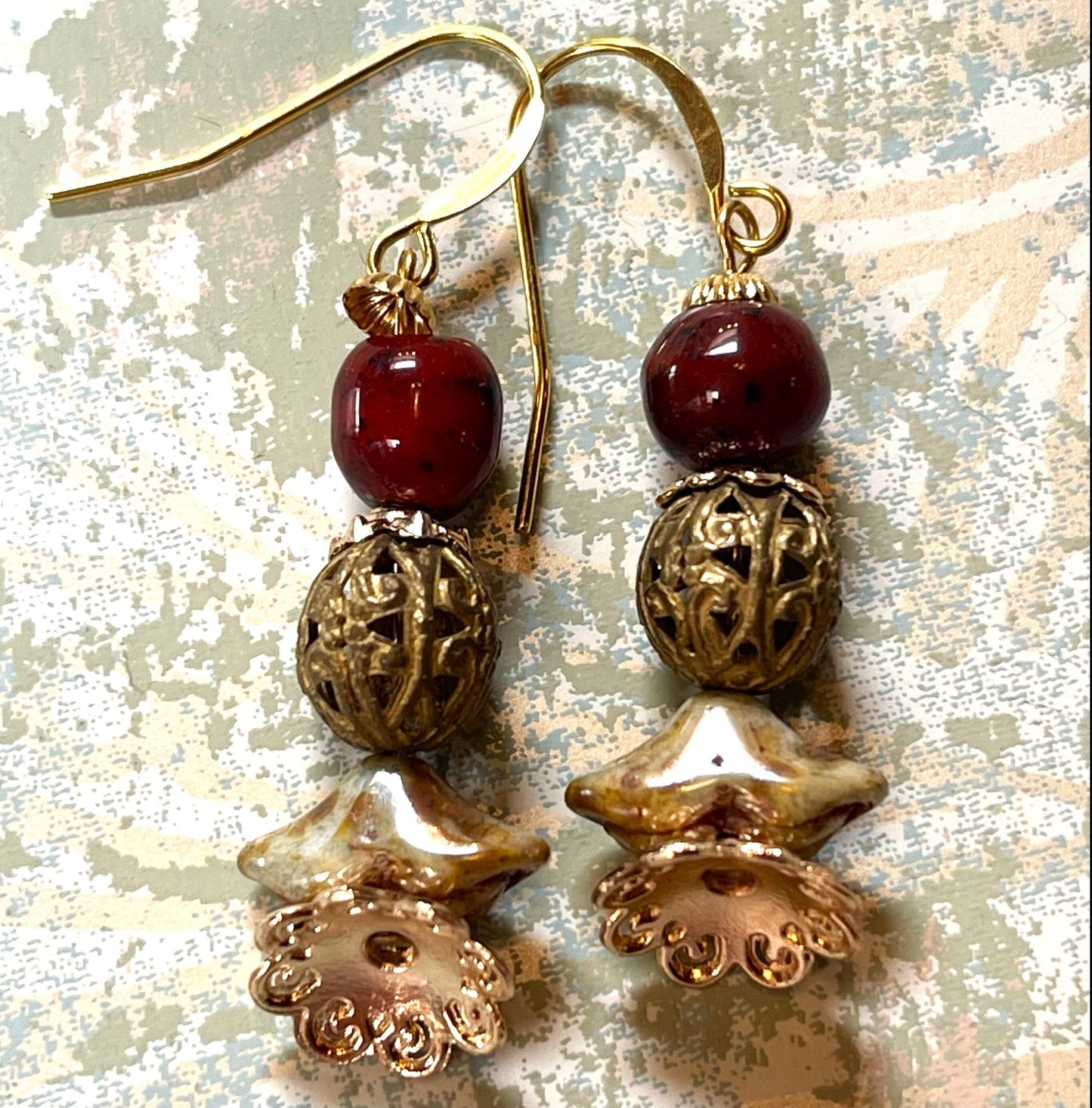 Amber glass with fillagree brass bead Earrings. Hypoallergenic French Earring Hooks, Gold Plated Wire