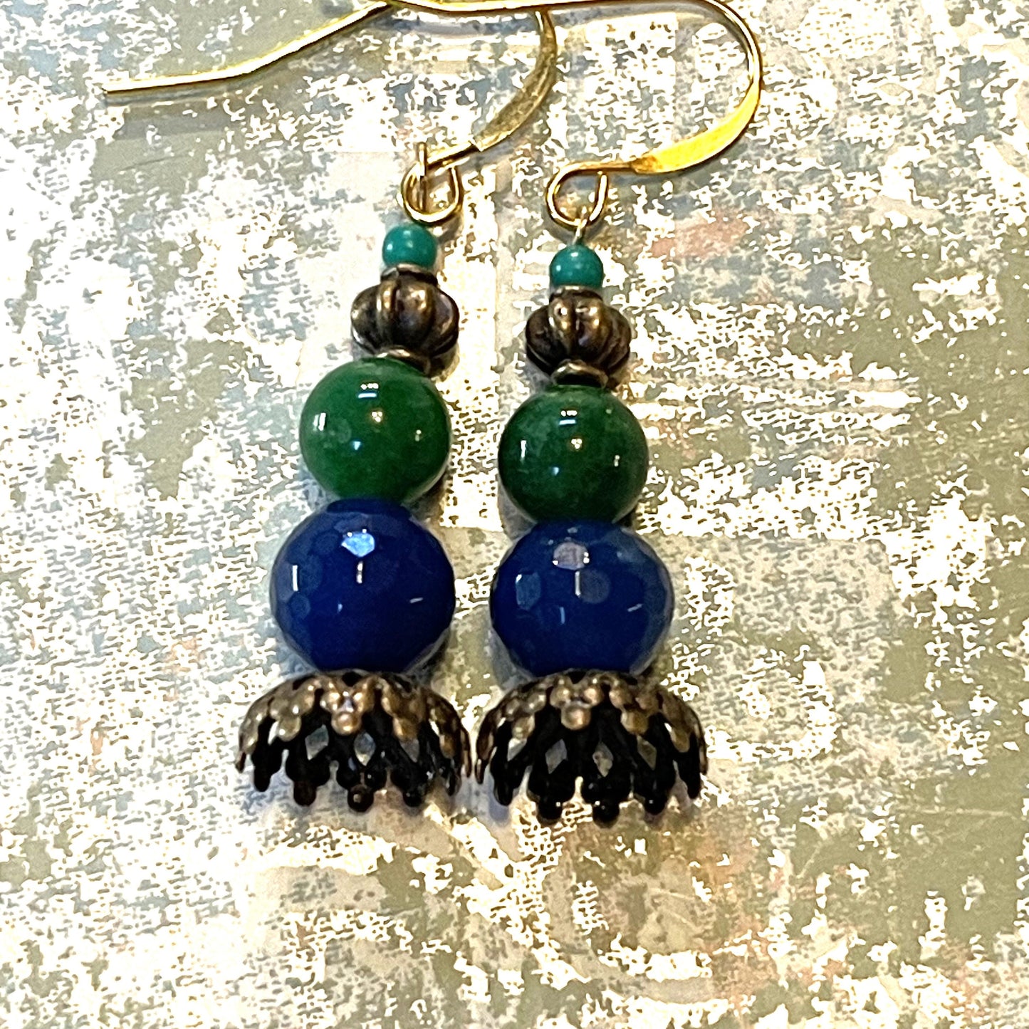 Vintage Cobalt Blue with Green Czech Glass Stacked on Brass Bead Caps. Hypoallergenic French Earring Hooks, Gold Plated Wire.