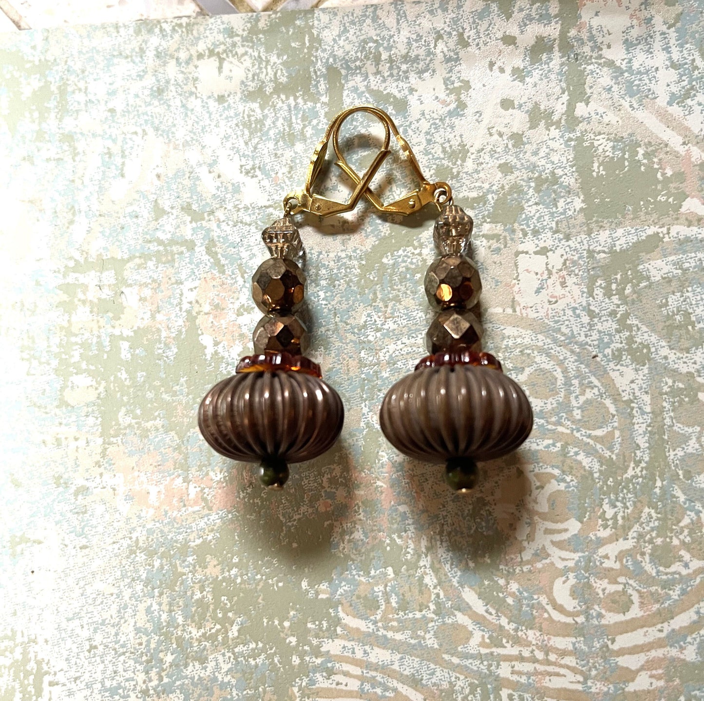 Bronze Glass Beads and Corrugated Melon Metal from the 1960s . Lever Back Ear Wire