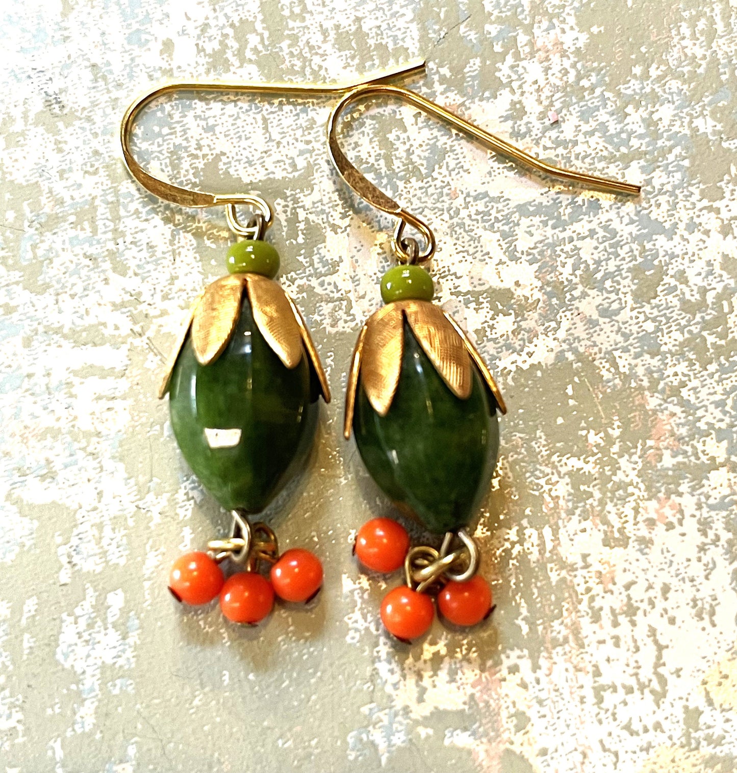 Green Moss Agate Hand-Made Earrings with Vintage Beads. Hypoallergenic French Earring Hooks, Gold Plated Wire.