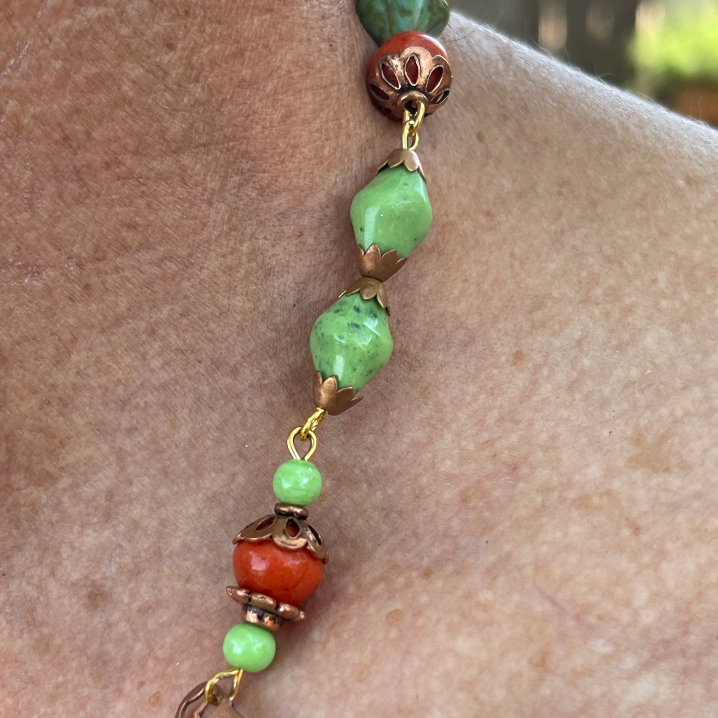 Vintage Bib Necklace. Green and Orange Beads on Copper Book Chain. An Egyptian design necklace.