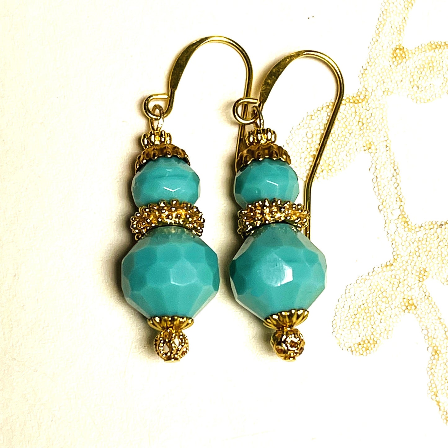 Premium Vintage Glass Turquoise Blue Glass With Gold vermeil Metal. Hypoallergenic French Earring Hooks, Gold Plated Wire