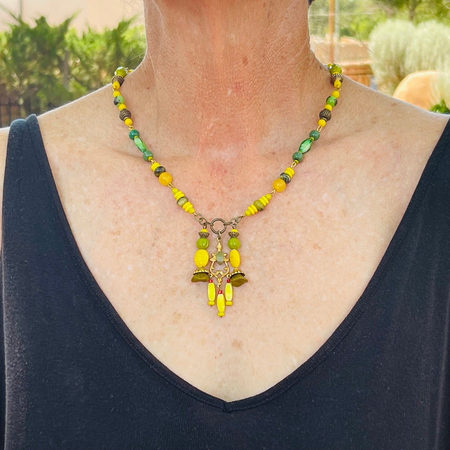 Vintage Yellow and Green Japanese Millefiori Glass Bead Necklace, All Handmade