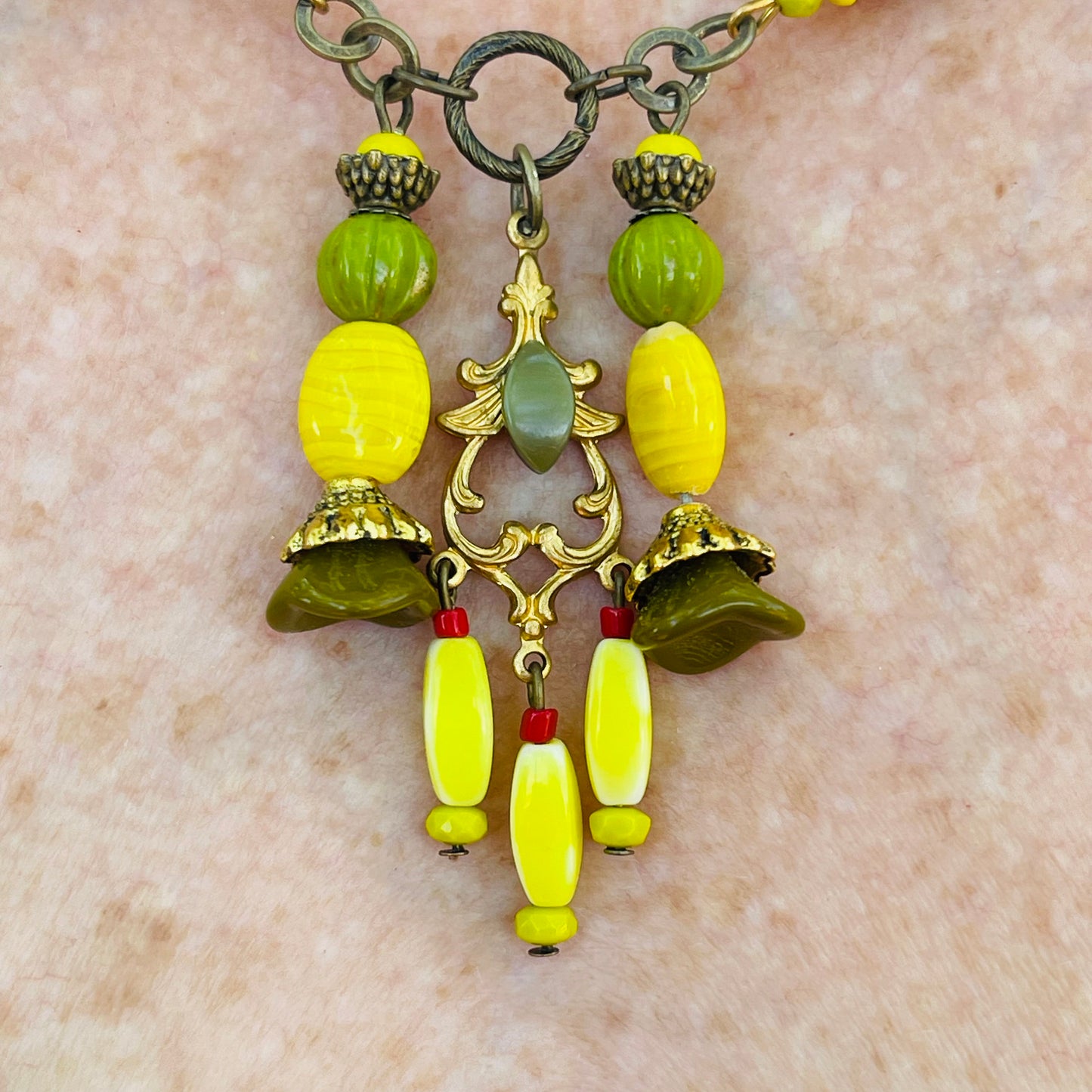 Vintage Yellow and Green Japanese Millefiori Glass Bead Necklace, All Handmade