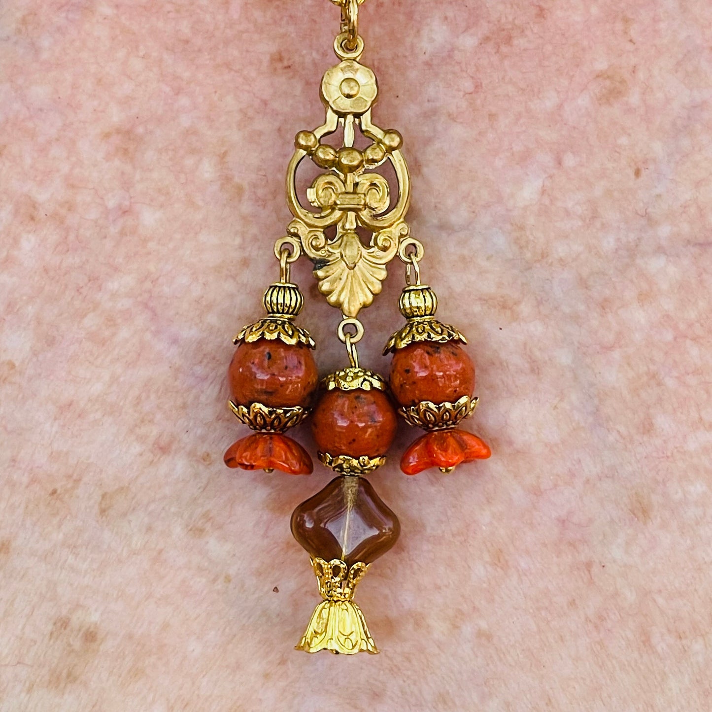 Vintage Rust Bronze and Gold Glass Bead Necklace, All Handmade