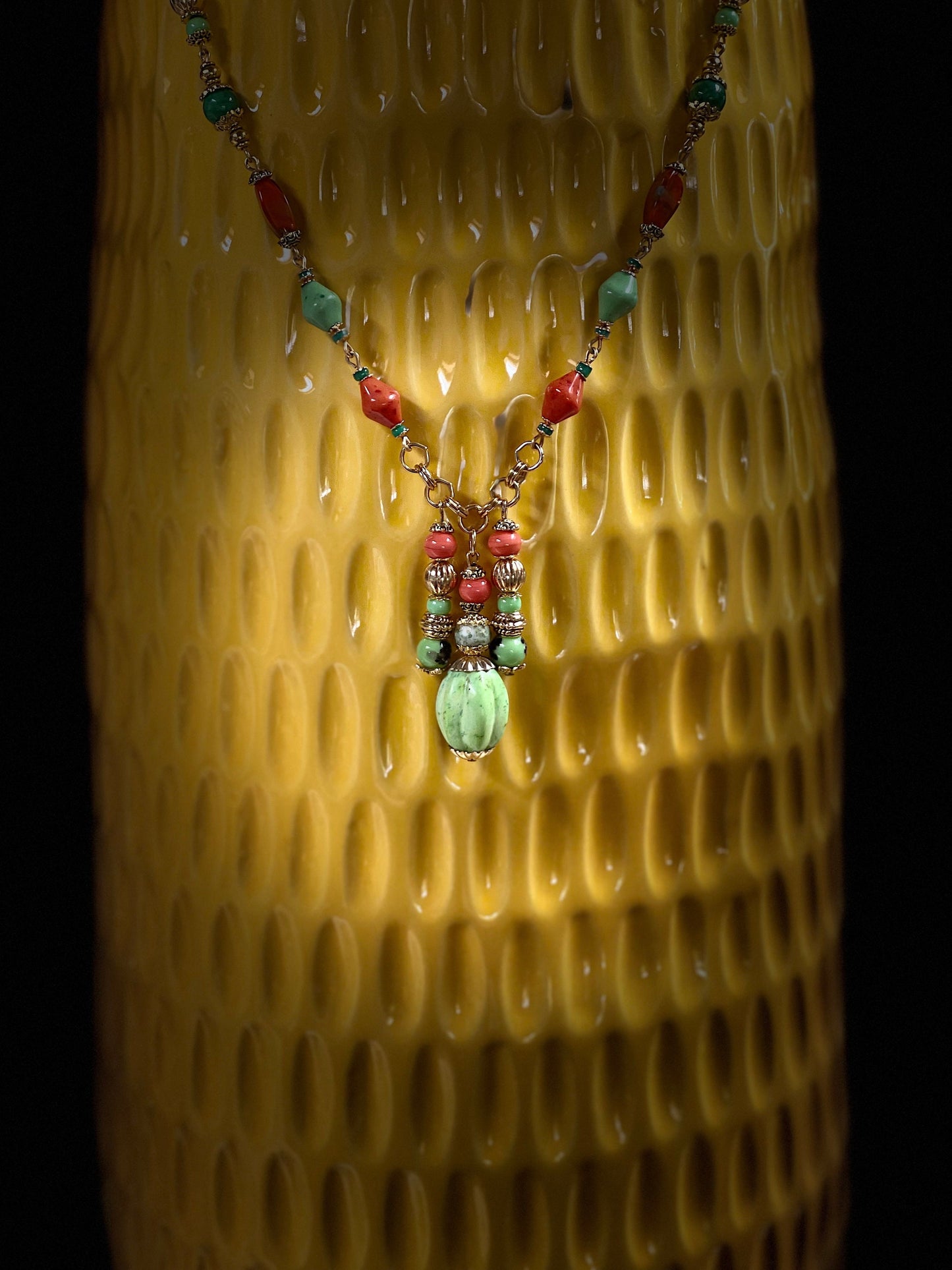 Hand-Made With Green and Orange Vintage Glass Beads.