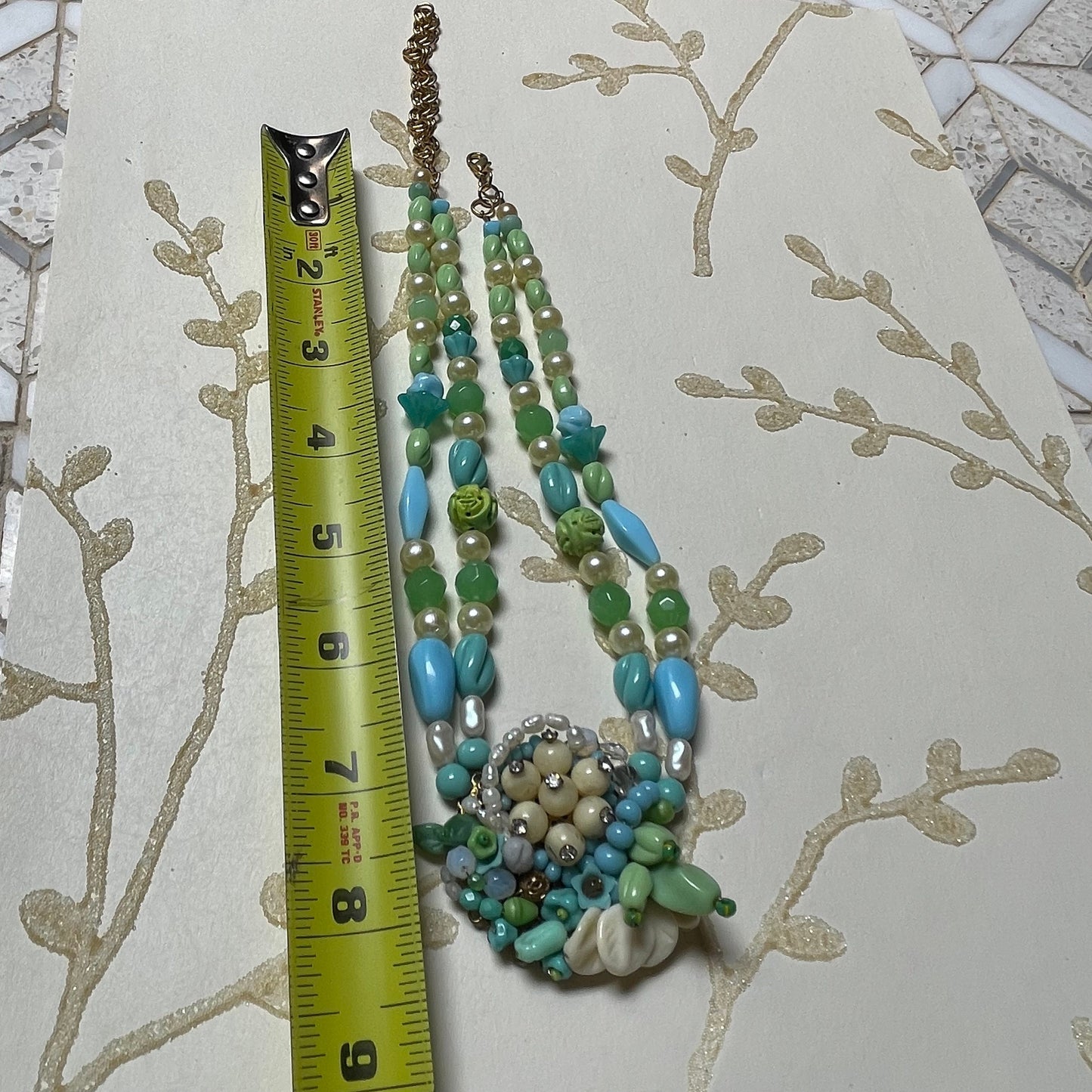 Miriam Haskell Style Necklace. Various Tones of Light Blue, Green, and Pearl.