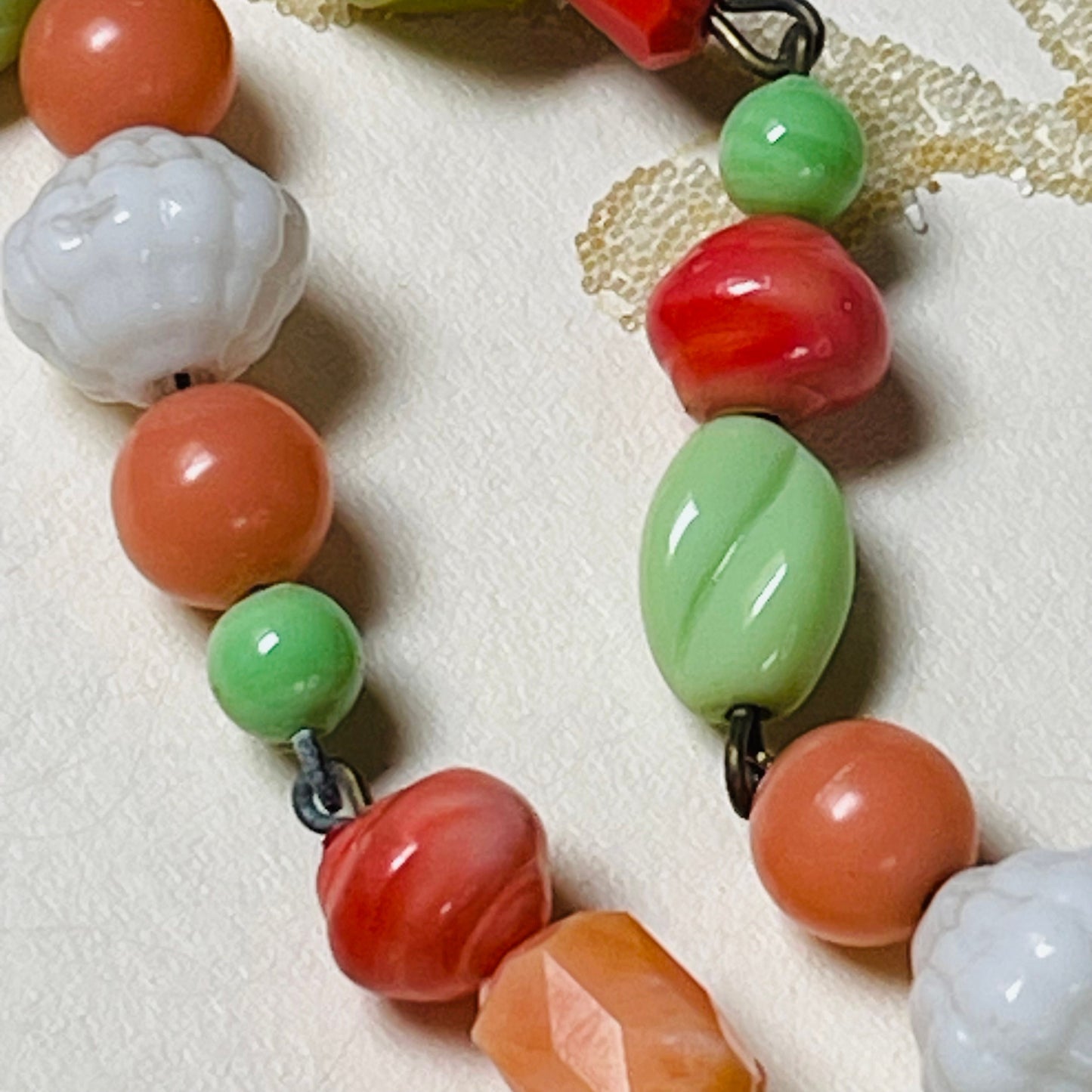 Miriam Haskell Style Necklace. Orange, Green, and Yellow. Used by the Haskell Designers in the 50s 60s. Mostly Japanese Cherry Brand.