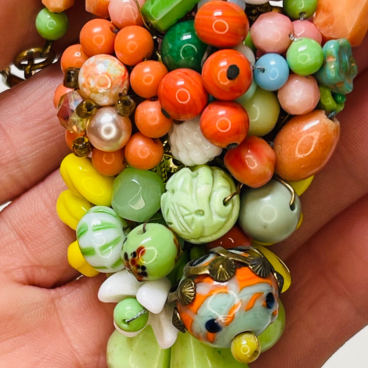 Miriam Haskell Style Necklace. Orange, Green, and Yellow. Used by the Haskell Designers in the 50s 60s. Mostly Japanese Cherry Brand.