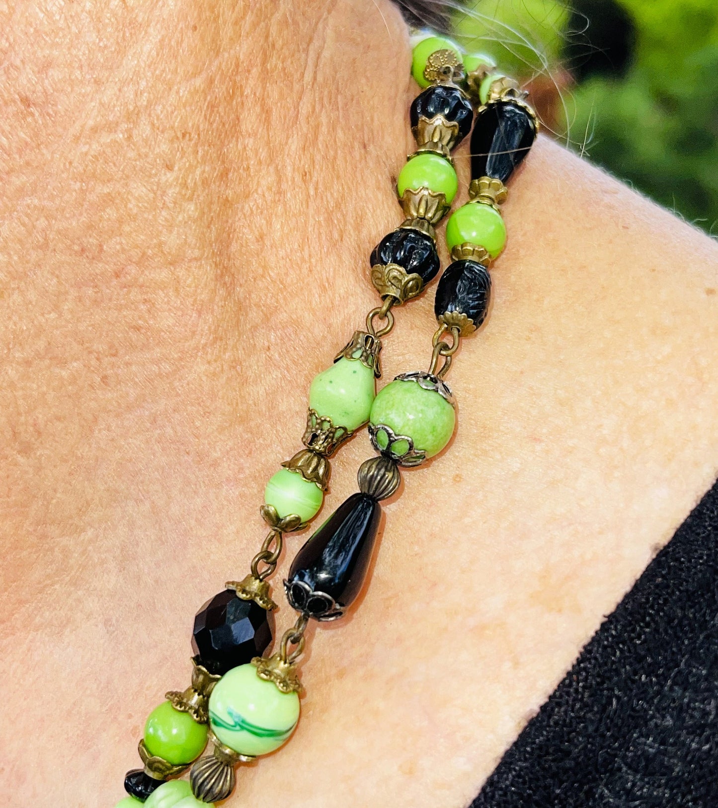 Hand Made Vintage Glass Beaded Necklace. Soft Apple Green glass with jet black glass.