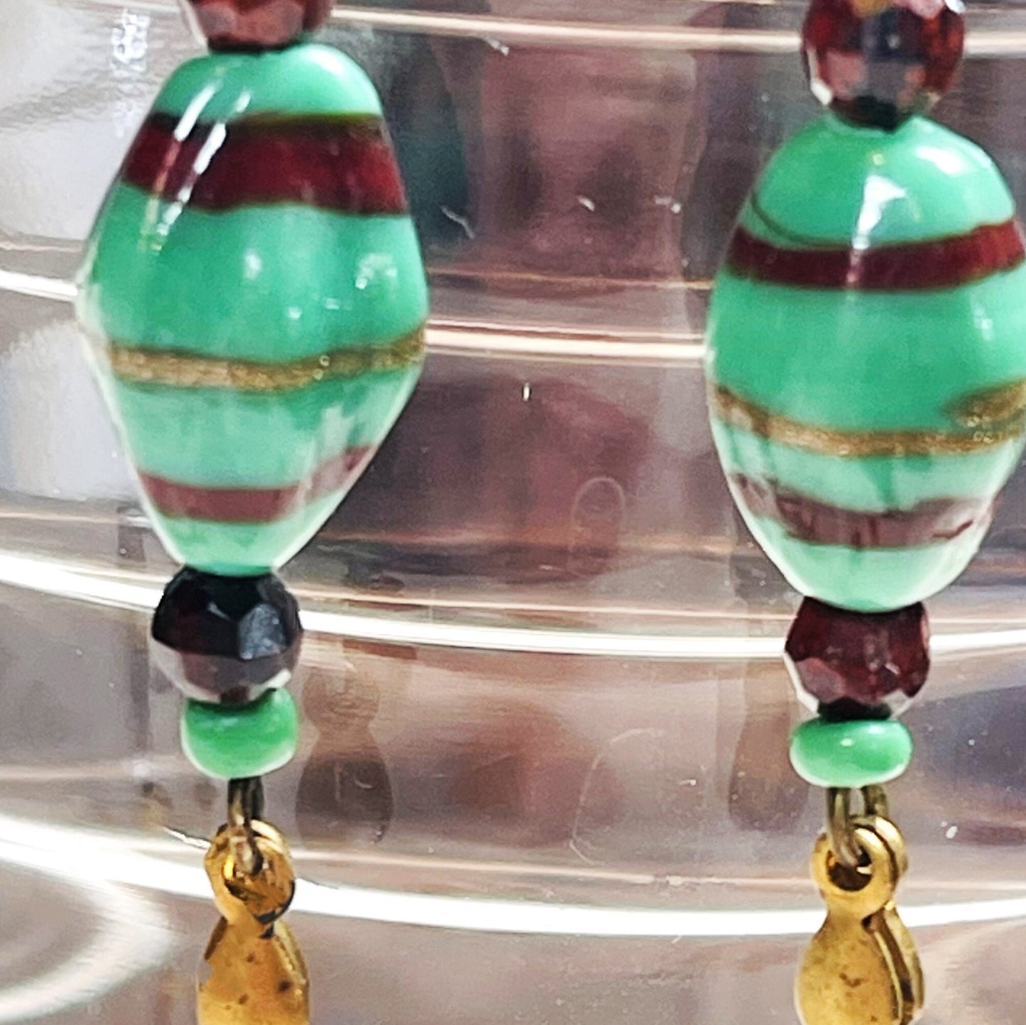 Burgandy, Green Swirl Earrings, Vintage Glass, Hypoallergenic French earrings Hooks, Gold Plated Wire.