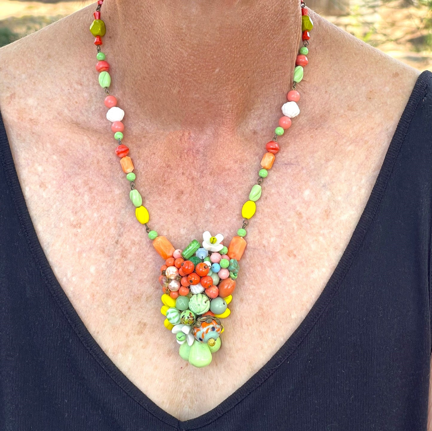 Miriam Haskell Style Necklace. Orange, Green, and Yellow. Used by the Haskell Designers in the 50s 60s. Mostly Japanese Cherry Brand.