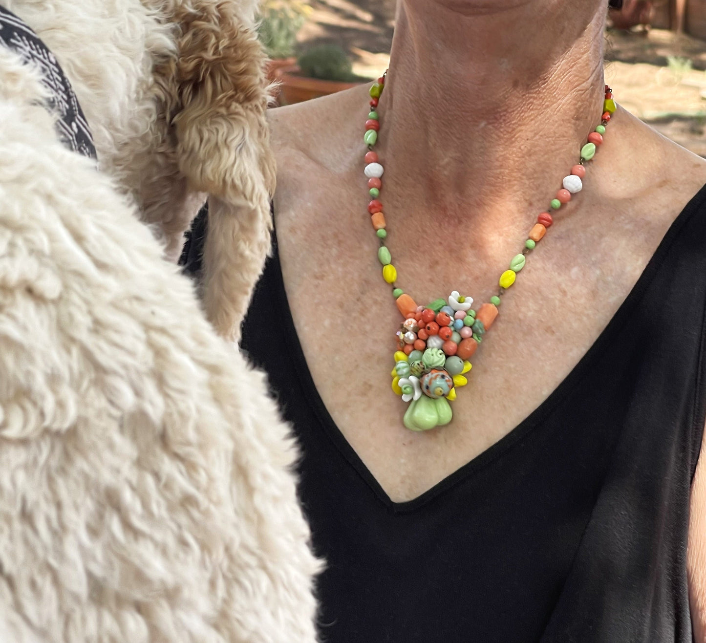 Miriam Haskell Style Necklace. Orange, Green, and Yellow. Used by the Haskell Designers in the 50s 60s. Mostly Japanese Cherry Brand.