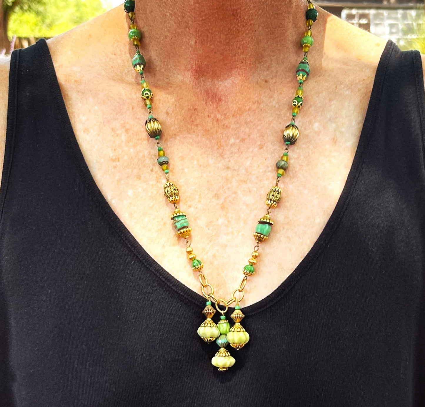One Of A Kind, Hand-Made With Vintage Green and Gold Beads.