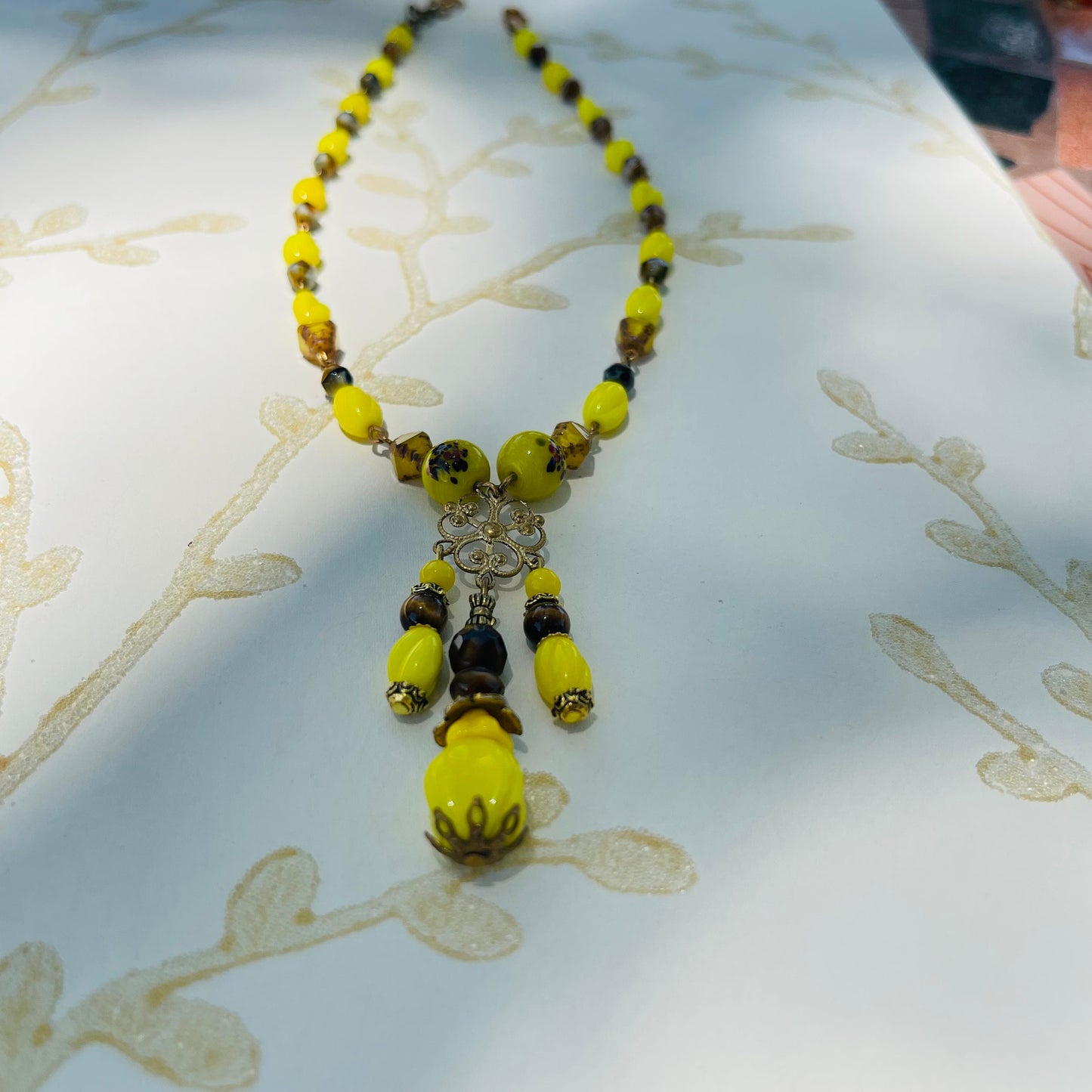 Vintage Bright Yellow Millefiori Glass Beads and Bronze Glass Necklace, All Handmade