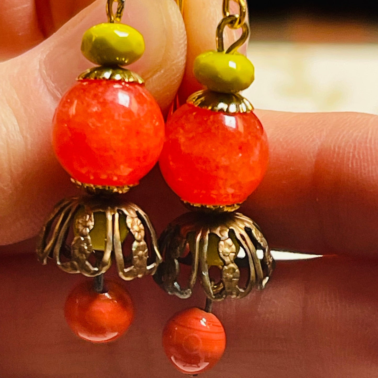 Coral and Apple Green Glass Summer Earrings, Hypoallergenic French Earring Hooks, Gold Plated Wire.